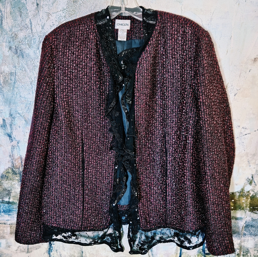 Chico's Metallic Sparkle Tweed & Lace Evening Blazer Burgundy/Black Bucle Sz 1/M